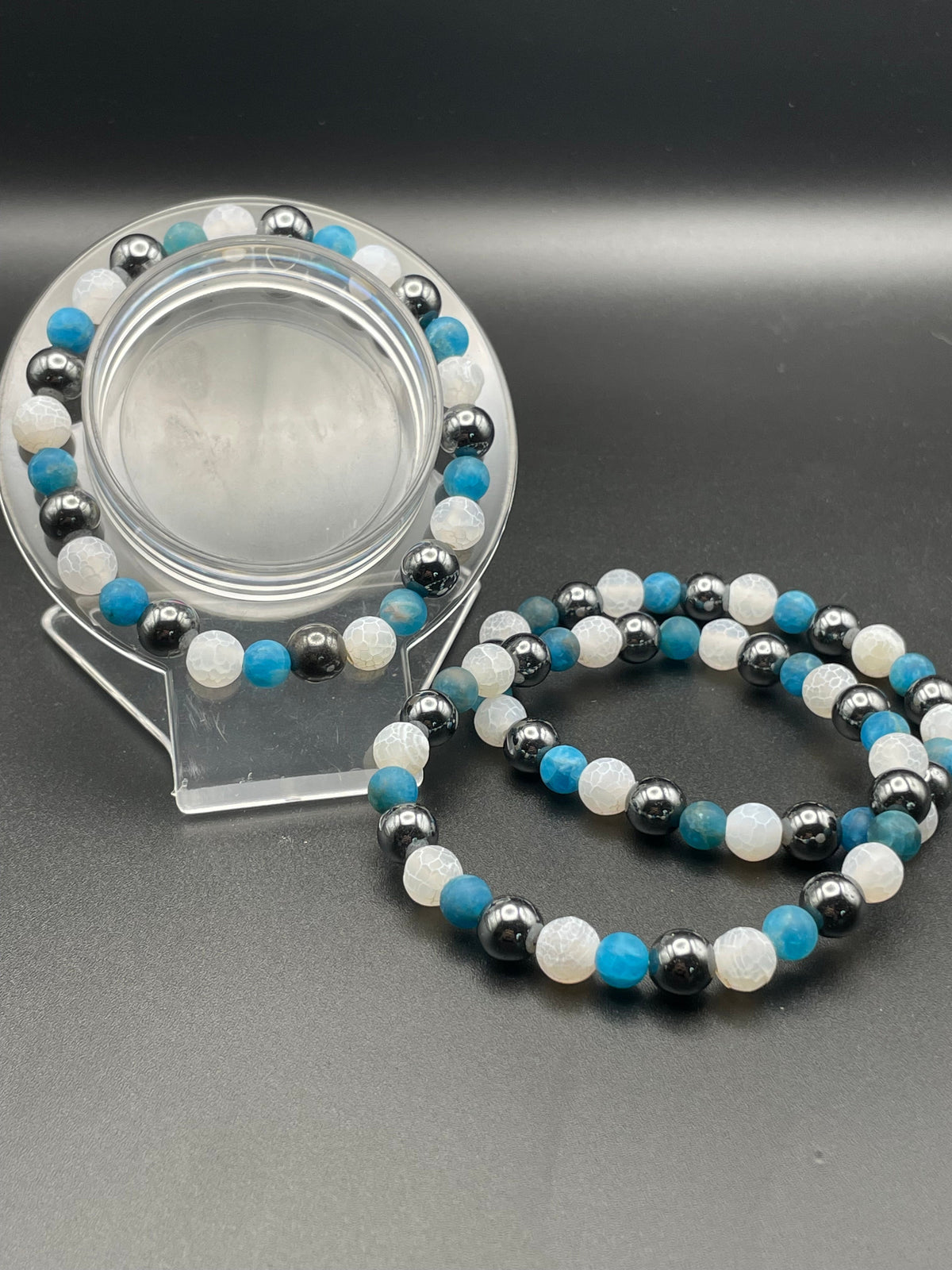 Blue Apatite, Hematite & White Dragon Agate – The Air Force Bracelet