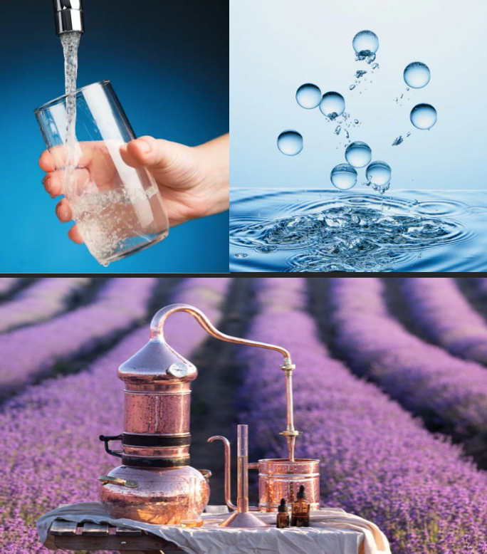 the. 3 different types of water: tap water in the top left, filtered water in the top right and distilled water in the bottom image 