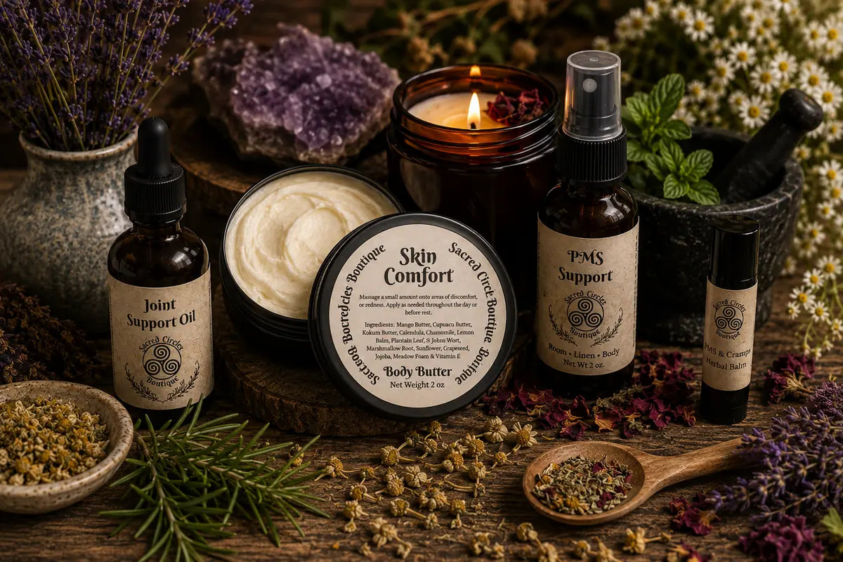 Natural herbal wellness body care products with botanical herbs and crystals